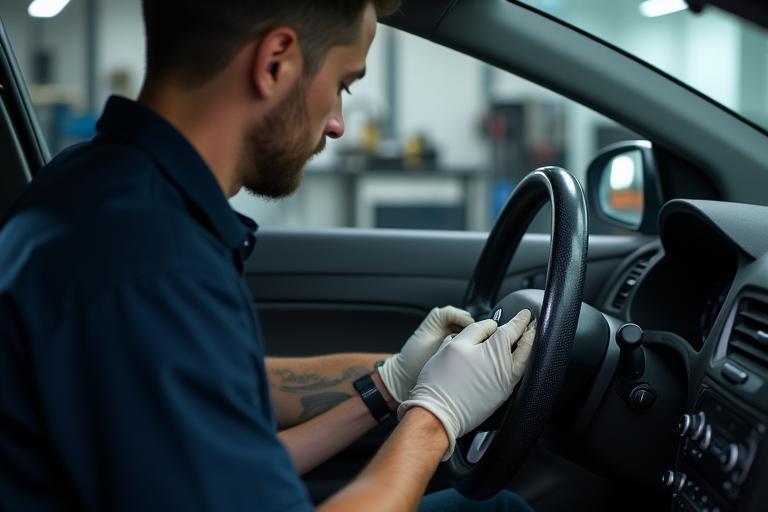 Technician detailing a car's interior